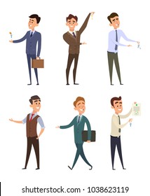 Real estate agents selling different buildings. Set of business characters. Agent realtor character male sell. Vector illustration