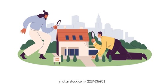 Real estate agents studying house for sale. Property, building inspection, appraisal and research concept. Experts with magnifying glass and home. Flat vector illustration isolated on white background