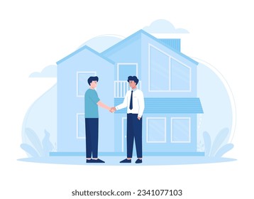 Real estate agreement concept with man buying a house from broker trending concept flat illustration