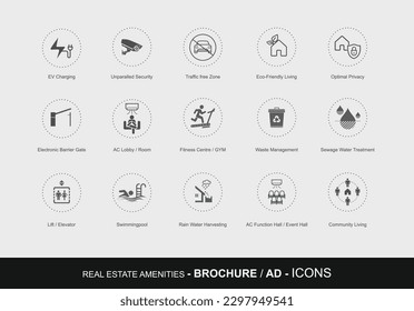 Real Estate Amenities Icons, Illustration Vector, Home Icons, 
Home Concept, EV Charging, Security Camera, Vehicle free zone, Swimming pool, Elevator, Electronic Barrier Gate, Fitness Centre, Gym