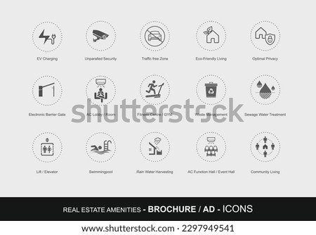 Real Estate Amenities Icons, Illustration Vector, Home Icons, 
Home Concept, EV Charging, Security Camera, Vehicle free zone, Swimming pool, Elevator, Electronic Barrier Gate, Fitness Centre, Gym ストックフォト © 