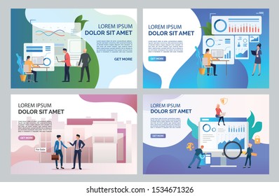 Real estate analysis illustration set. Professionals presenting diagrams, discussing reports. Business concept. Vector illustration for landing pages, presentation slide templates