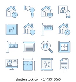 Real Estate, Apartment and Mortgage related blue line colored icons. svg