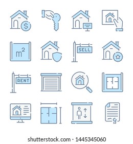 Real Estate, Apartment and Mortgage related blue line colored icons.