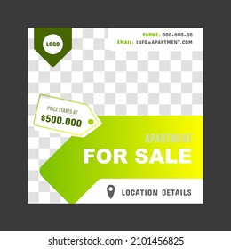 Real estate apartment for sale, social media post square template, editable promotional online advertising campaign banner, housing shortage concept, mortgage market open house, isolated.