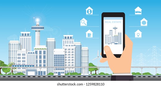 Real estate app concept on a mobile phone screen, searching a house, apartment or property to buy or rent building online on internet conceptual vector illustration.
