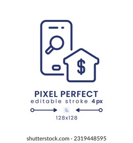 Real Estate app linear desktop icon. Homes for sale. Housing data. Apartments for rent. Pixel perfect 128x128, outline 4px. GUI, UX design. Isolated user interface element for website. Editable stroke