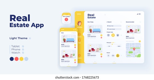 Real estate app screen vector adaptive design template. Realtor agency. Buying apartment application day mode interface with flat objects. Smartphone, tablet, smart watch cartoon UI