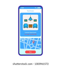 Real Estate App Smartphone Interface Vector Template. Apartment Search Mobile Page Blue Design Layout. House Hunting, Realty Application Screen. Flat UI. Property Advert, Location Map Phone Display