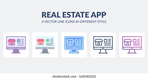Real estate app vector icon in different styles. House on monitor desctop pictogram. Home architecture project.