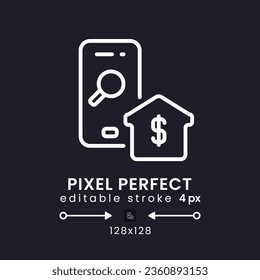 Real Estate app white linear desktop icon on black. Housing data. Apartments for rent. Pixel perfect 128x128, outline 4px. Isolated user interface symbol for dark theme. Editable stroke