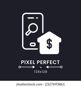 Real Estate app white solid desktop icon. Homes for sale. Housing data. Apartments for rent. Pixel perfect 128x128, outline 4px. Silhouette symbol for dark mode. Glyph pictogram. Vector isolated image