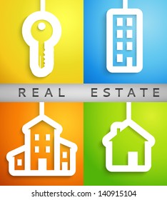 Real estate applique background. Vector illustration for your housing presentation. Set of white homes and key cutouts on different color backgrounds. Banner of bright symbols of values for business.