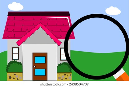 Real estate appraisal, house inspection, mortgage loan, home loan, home appraisal, magnifying glass to see house details.