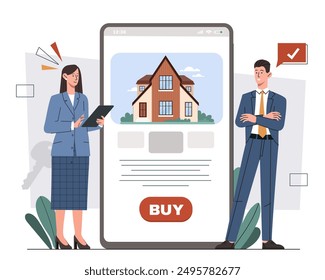 Real estate appraisal. Man and woman with mobile application for searching for house. Realtors evaluate deals with private property. Investing and trading. Flat vector illustration
