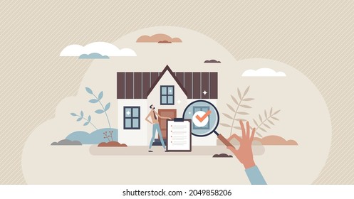 Real estate appraiser as property evaluation for sale tiny person concept. Estimate value inspection and assessment as housing appraisal service vector illustration. Residential home review and report