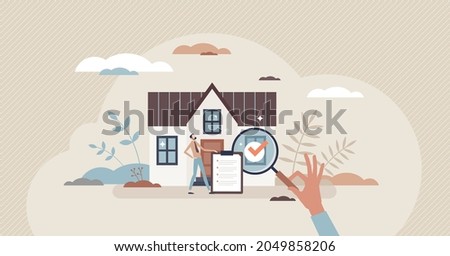 Real estate appraiser as property evaluation for sale tiny person concept. Estimate value inspection and assessment as housing appraisal service vector illustration. Residential home review and report