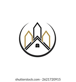 Real Estate and Architecture Logo  Elegant House Roof and High-Rise Building Silhouette in Circular Design for Property Business Branding