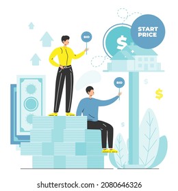 Real estate auction and bidding. Bidders offering prices with bid paddles, flat vector illustration. Property purchase.