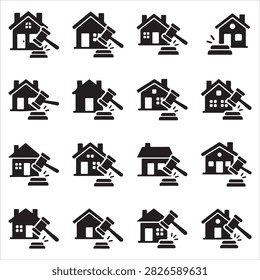 Real estate auction icon set with property foreclosure judgment transaction business contract purchase ownership investment mortgage legislation courtroom silhouette