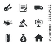 Real estate, auction icons. Handshake, for sale and money bag signs. Keys, delivery truck and door symbols. Flat icons on white. Vector