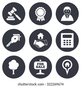 Real estate, auction icons. Handshake, for sale and calculator signs. Key, tree and award medal symbols. Gray flat circle buttons. Vector