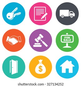 Real estate, auction icons. Handshake, for sale and money bag signs. Keys, delivery truck and door symbols. Flat circle buttons. Vector