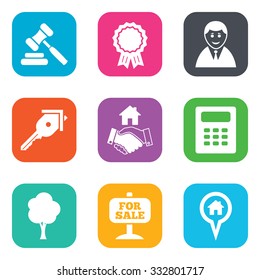 Real estate, auction icons. Handshake, for sale and calculator signs. Key, tree and award medal symbols. Flat square buttons. Vector