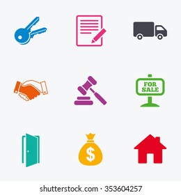 Real estate, auction icons. Handshake, for sale and money bag signs. Keys, delivery truck and door symbols. Flat colored graphic icons.