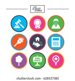 Real estate, auction icons. Handshake, for sale and calculator signs. Key, tree and award medal symbols. Classic simple flat icons. Vector