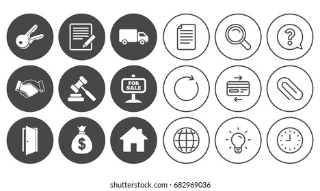 Real estate, auction icons. Handshake, for sale and money bag signs. Keys, delivery truck and door symbols. Document, Globe and Clock line signs. Lamp, Magnifier and Paper clip icons. Vector