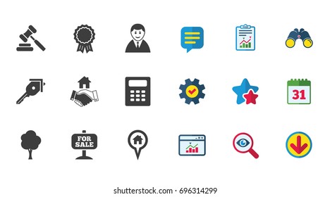 Real estate, auction icons. Handshake, for sale and calculator signs. Key, tree and award medal symbols. Calendar, Report and Download signs. Stars, Service and Search icons. Vector