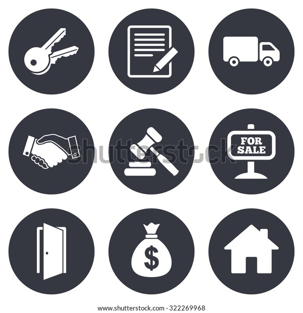 Real estate, auction icons. Handshake, for sale\
and money bag signs. Keys, delivery truck and door symbols. Gray\
flat circle buttons.\
Vector