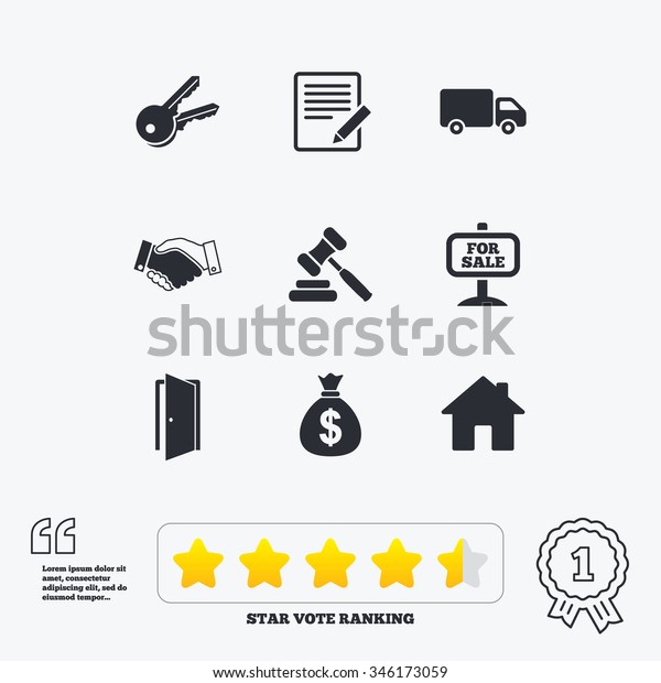 Real estate, auction icons.\
Handshake, for sale and money bag signs. Keys, delivery truck and\
door symbols. Star vote ranking. Award achievement and\
quotes.