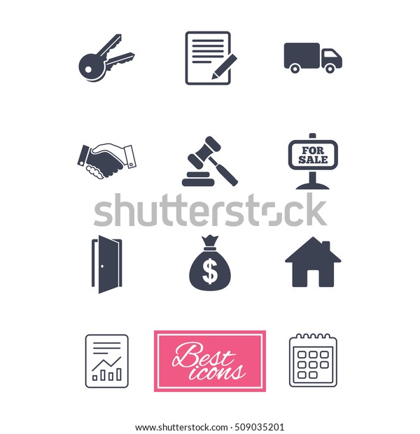 Real estate, auction icons. Handshake, for\
sale and money bag signs. Keys, delivery truck and door symbols.\
Report document, calendar icons.\
Vector