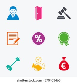 Real estate, auction icons. Home key, discount and door signs. Business agent, award medal symbols. Flat colored graphic icons.