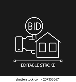 Real estate auction linear icon for dark theme. Competitive bidding. Bargaining for house. Thin line customizable illustration. Isolated vector contour symbol for night mode. Editable stroke