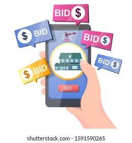 Real estate auction online, vector illustration. Hand holding smartphone with house, gavel and bid button on screen. Auction and mobile bidding concept for web banner, website page etc.