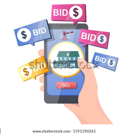 Real estate auction online, vector illustration. Hand holding smartphone with house, gavel and bid button on screen. Auction and mobile bidding concept for web banner, website page etc.