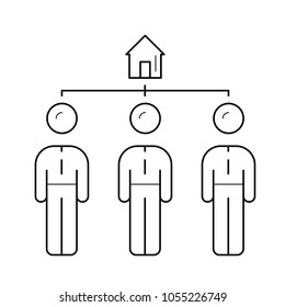 Real estate auction vector line icon isolated on white background. Three people compete for a house at a real estate auction line icon for infographic, website or app.