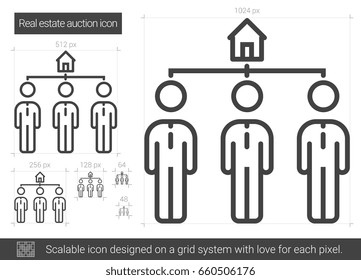 Real estate auction vector line icon isolated on white background. Real estate auction line icon for infographic, website or app. Scalable icon designed on a grid system.