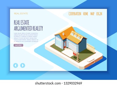 Real estate augmented reality isometric landing page with links and button more vector illustration