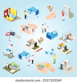 Real estate augmented reality isometric icon set with different elements and attributes of buildings illustration