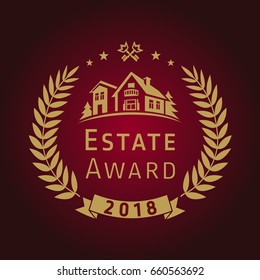 Real estate awards vector logo. House for sale luxurious sign. Best agent, architectural agency, lease, build, buy, invest, landscaping, construct. Gold colored palms, branches, residential keys.