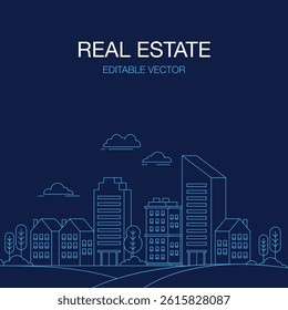Real Estate Background with Modern Buildings and Houses in Blue Line Art vector
