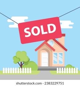 Real estate banner with house icon in flat style. Sale label vector illustration on isolated background. Sold sign business concept.