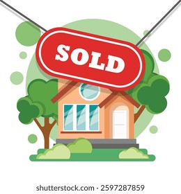 Real estate banner with house icon in flat style. Sale label vector illustration on isolated background. Sold sign business concept.