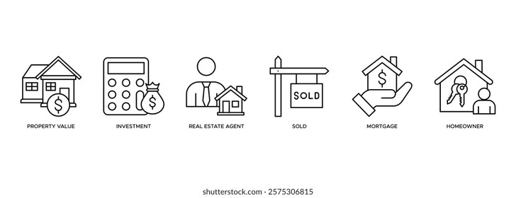 Real estate Banner illustration pictogram with the icon and symbol of property value, investment, real estate agent, sold, mortage and home