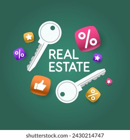 Real estate banner. Isolated illustration of key on background.