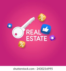 Real estate banner. Isolated illustration of key on background.